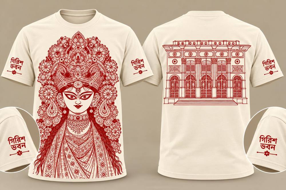 Cream T-shirt printed in red: Durga on the front, the Girish Bhawan facade on the back, and the গিরিশ ভবন logo on both sleeves